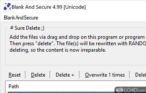Software utility that rewrites files and folders with zeros before permanently erasing them from hard drive - Screenshot of Blank And Secure