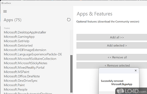 Uninstall MS Store apps - Screenshot of Bloatbox