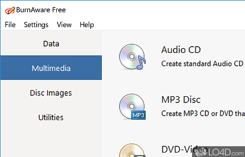 Writer for multimedia files on discs - Screenshot of BurnAware Free