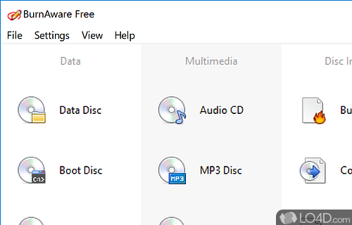 Can create audio, video and data discs, generate images for later use, copy DVDs, CDs or Blu-rays and erase disc contents - Screenshot of BurnAware Free