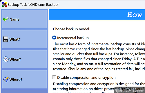 Settings for incremental backup and compression/encryption - Screenshot of BUtil