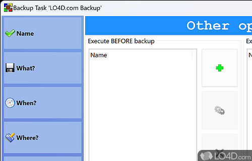 The option to execute commands before and after creating a backup - Screenshot of BUtil
