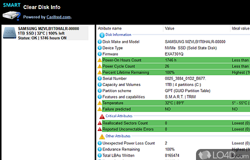 Screenshot of Clear Disk Info - Find out more about the attributes and values that influence the performance and functionality of drives