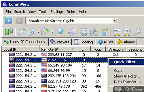 Screenshot of CommView - Captures network packets, allowing you to browse the connection history, run whois on different hosts