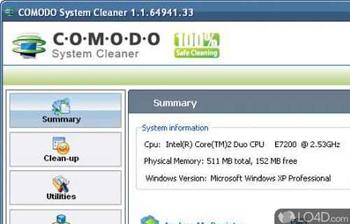 Screenshot of Comodo System Cleaner - Suite of extensive tools developed to PC clutter (registry, privacy-related, disk), shred files
