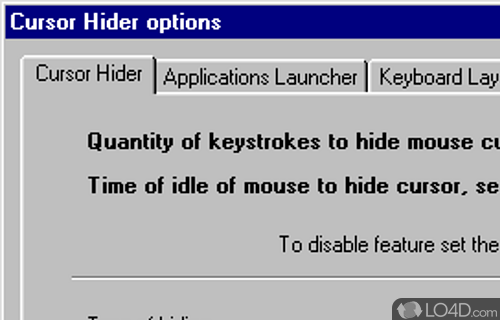 Screenshot of Cursor Hider - Remove the mouse pointer from a specific working place fast, while also keeping an eye on the active keyboard language