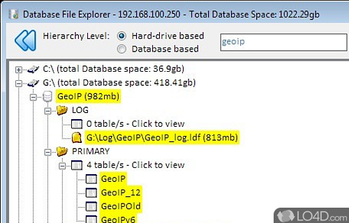 Screenshot of Database File Explorer - View detailed information about database files and file groups by just filling out settings related to the SQL server connection
