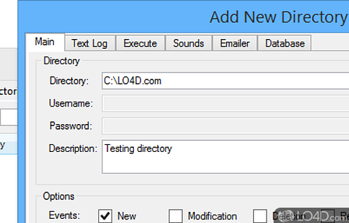 Program settings, sound alerts, email notifications, and SQL databases - Screenshot of Directory Monitor