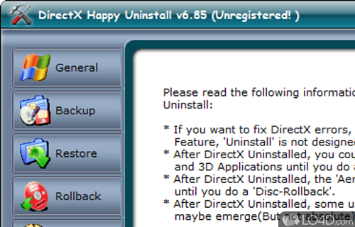 You can uninstall, reinstall, backup, restore, rollback and fully install DirectX - Screenshot of DirectX Happy Uninstall