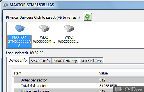 Screenshot of DiskCheckup - Keep a close eye on the SMART attributes of disk drives, runs various types of tests