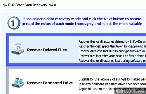 Serves to recover files deleted by accident, or hidden by various viruses or encryption software - Screenshot of DiskGetor Data Recovery Free