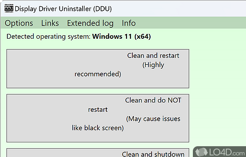 Quickly uninstalls NVIDIA, AMD and Intel display drivers in a matter of clicks, with support for saving program activity to file - Screenshot of Display Driver Uninstaller (DDU)