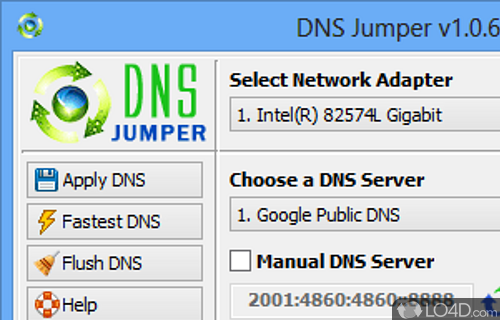Screenshot of DNS Jumper - Choose between different DNS services, input the address of such a service