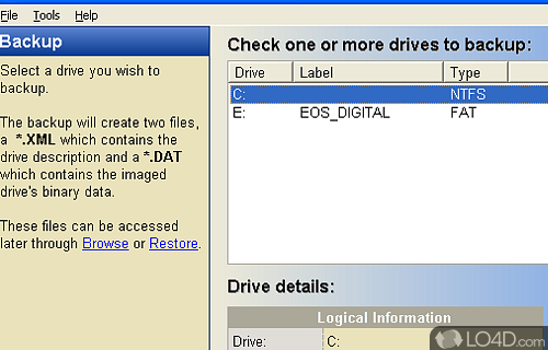 Screenshot of DriveImage XML - Backup and image logical drives and partitions, create hot images, copy one drive to another
