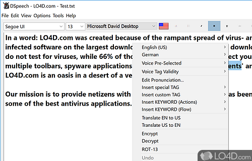 Select from a range of different languages and international keyboards - Screenshot of DSpeech