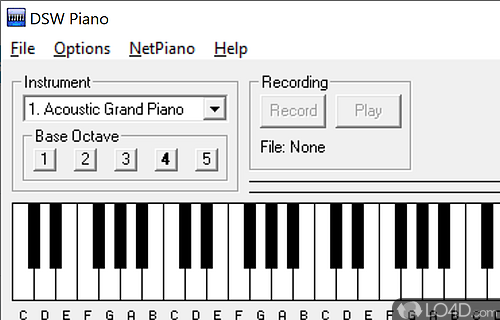 Transforms PC Keyboard into a piano, or any of the 128 General MIDI instruments available on any computer with a soundcard - Screenshot of DSW Piano