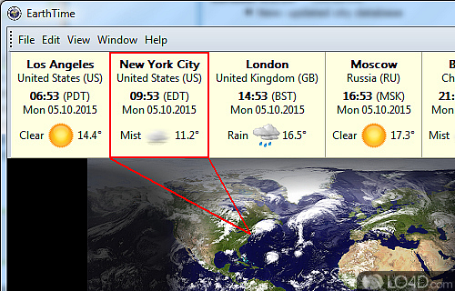 Screenshot of EarthTime - Software utility that displays the local time of any place in the world with the aid of a map