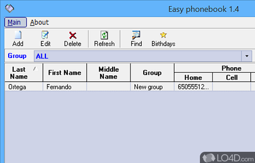 Screenshot of Easy Phonebook - Create a well organized database of contacts, storing name, various phone numbers, address