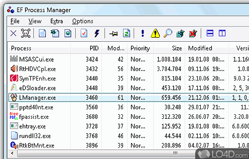 Screenshot of EF Process Manager - Shows you information about the modules and the processes that are currently running on computer