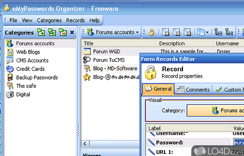 Screenshot of eMyPasswords Organizer - User interface
