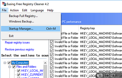 Clean GUI and selecting which entries to remove - Screenshot of Eusing Free Registry Cleaner