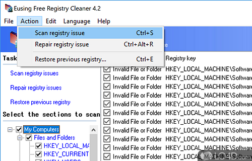 Automatically backup registry and manage startup items - Screenshot of Eusing Free Registry Cleaner