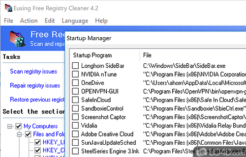 Save logs to the HDD and tweak other options - Screenshot of Eusing Free Registry Cleaner