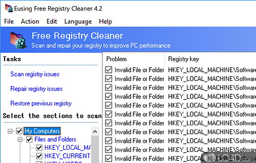 Scan Windows registry for invalid or obsolete information and view a list of detected errors - Screenshot of Eusing Free Registry Cleaner