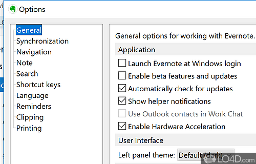 General options include how EverNote is displayed and also enables hardware acceleration - Screenshot of EverNote