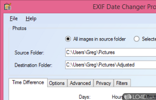 Screenshot of EXIF Date Changer - Adjust date and time information in images, batch rename files, add captions, watermarks and much more