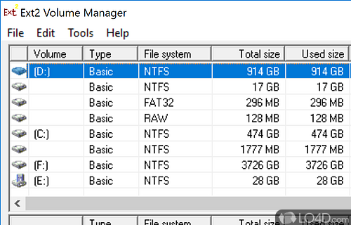 Enable Linux Ext3/4 partition on Windows - Screenshot of Ext2 Volume Manager