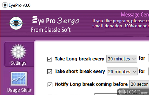 Helps to maintain the health of eyes by forcing you to take breaks at predefined time intervals - Screenshot of Eye Pro