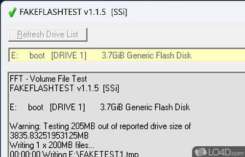 Find out whether the flash memory device you bought - Screenshot of FakeFlashTest