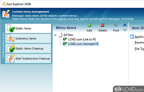 Utility allows you to manage context menu items of the file objects - Screenshot of Fast Explorer