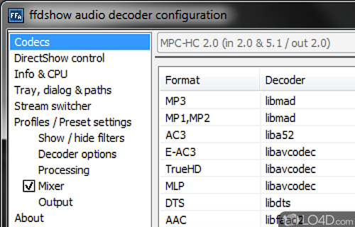 Screenshot of FFDSHOW (All in one codec) - Audio and video codecs
