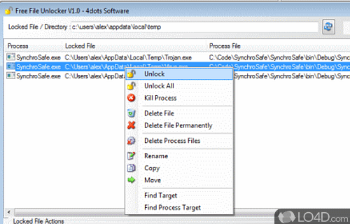 Screenshot of Free File Unlocker - Delete, rename, copy, or move locked files, unlock items