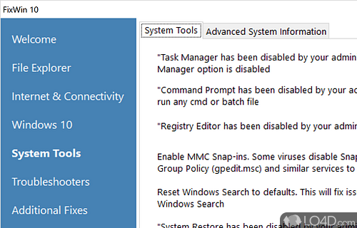 System tools and other fixes - Screenshot of FixWin