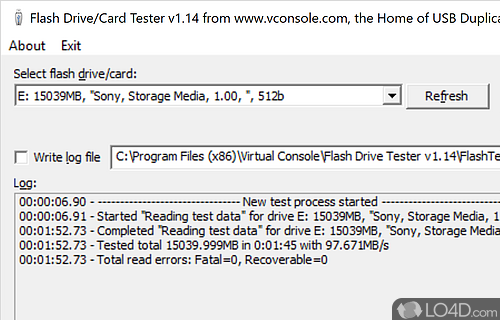 Simply select your flash card or USB drive, choose a test type and whether to write to a log file - Screenshot of Flash Drive Tester