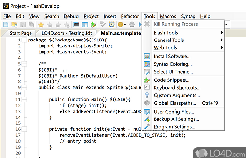 Supports several popular programming languages - Screenshot of FlashDevelop