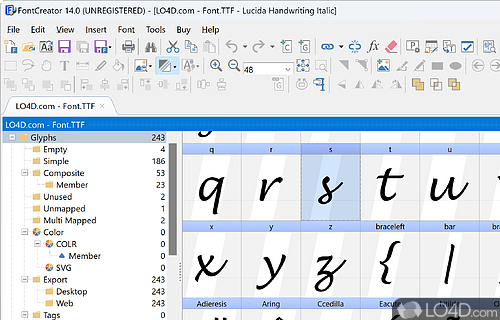 Can create and personalize TrueType and OpenType fonts, add missing characters and complete character mappings - Screenshot of FontCreator