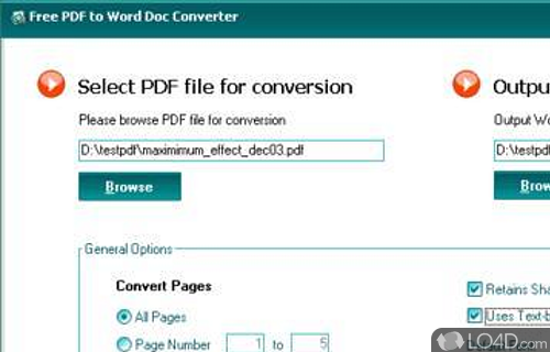 Screenshot of Free PDF to Word Doc Converter - -to-handle program that helps you convert PDF files to DOC file format while letting you select the desired pages
