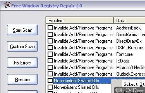 Screenshot of Window Registry Repair - Minimalistic GUI and choosing entries to look at