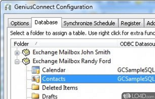 Screenshot of GeniusConnect - Synchronize folders between Microsoft Outlook and a SQL database with ODBC support