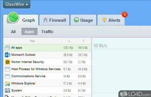 Screenshot of GlassWire - Firewall for monitoring the network activity, viewing bandwidth usage statistics