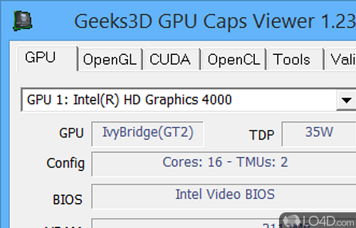 Helps users view data about graphics configuration, OpenGL capabilities, OpenCL support - Screenshot of GPU Caps Viewer Portable