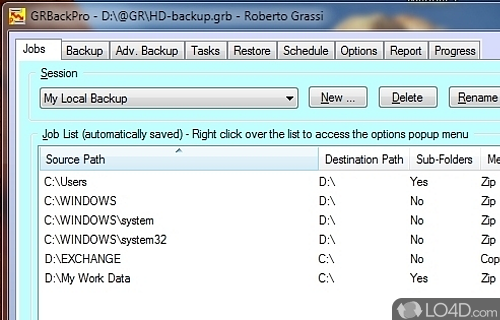 Screenshot of GRBackPro - Backup, verify and restore important data on computer, create scheduled jobs and custom events