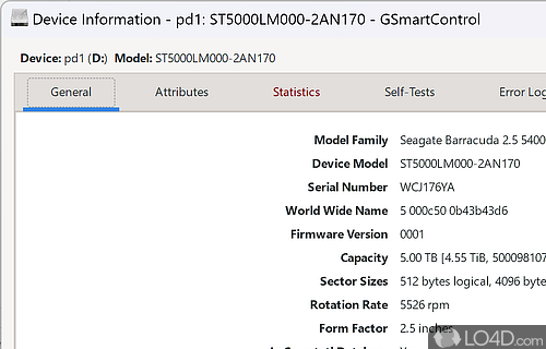 Get technical specification data - Screenshot of GSmartControl