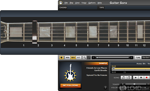 Helps users improves their guitar playing skills by selecting from different preset songs - Screenshot of Guitar Guru