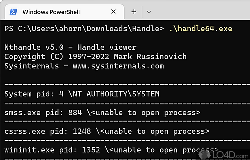 Screenshot of Handle - CLI tool to search for apps that have files or directories opened and to view information on them