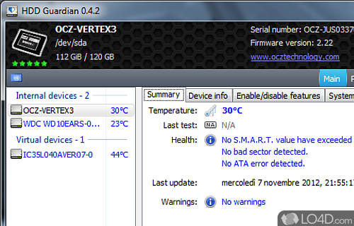 Screenshot of HDD Guardian - Software solution that relies on smartctl to get detailed information about hard disk